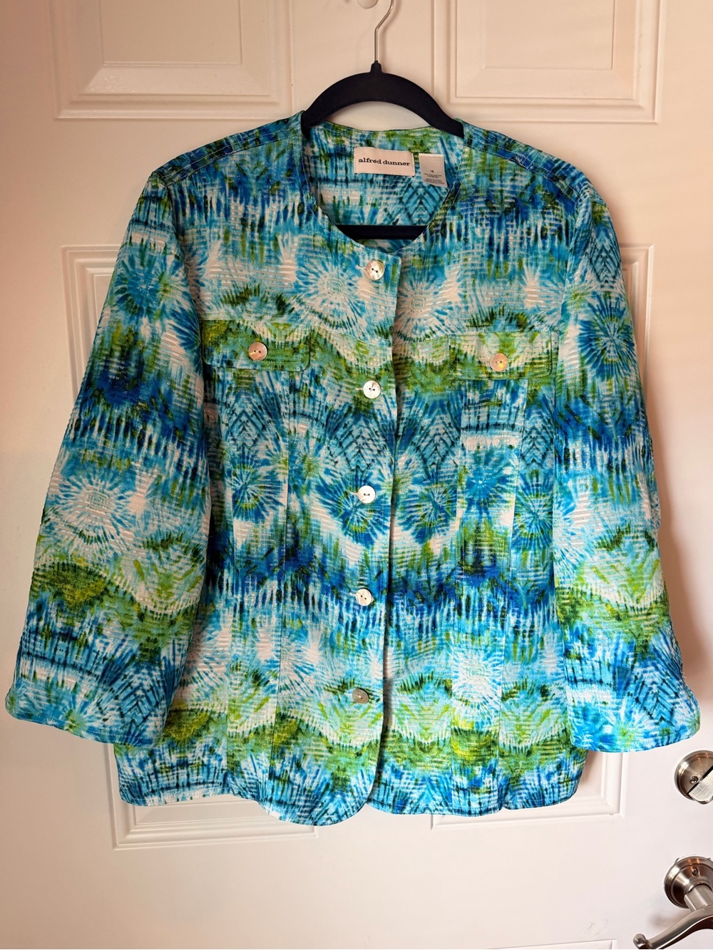 Alfred Dunner Blue and Green Tie-Dye Button Down Shirt